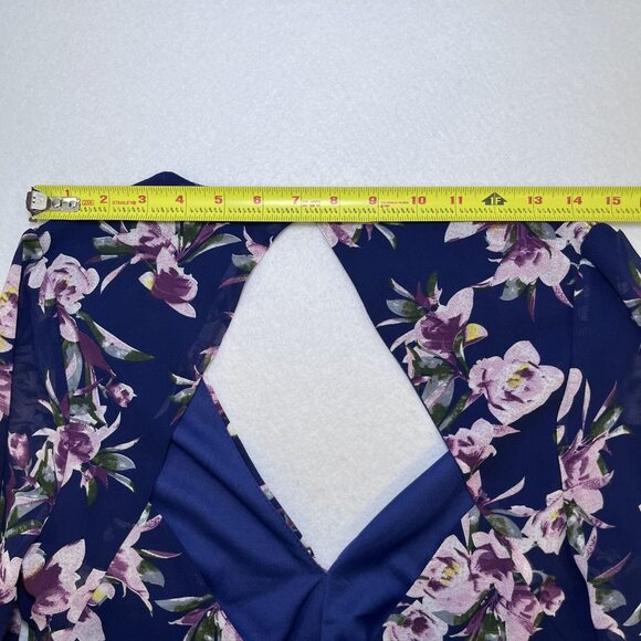 Essue crop top sheer flounce sleeve dark blue pink purple womens M - Picture 15 of 16